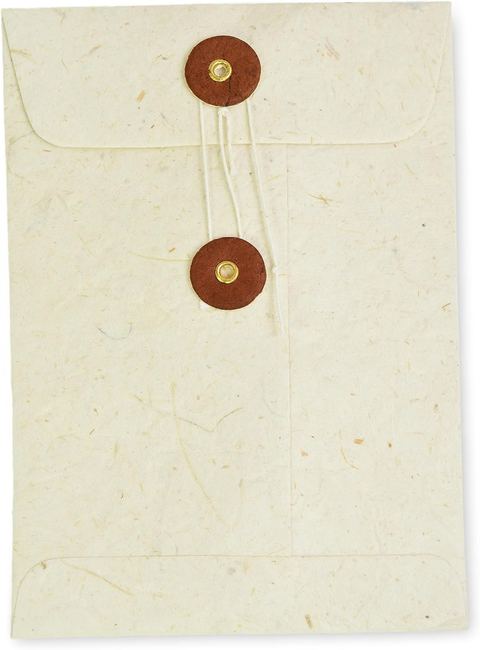A natural lokta pocket envelope with terra cotta buttons, string wound closed