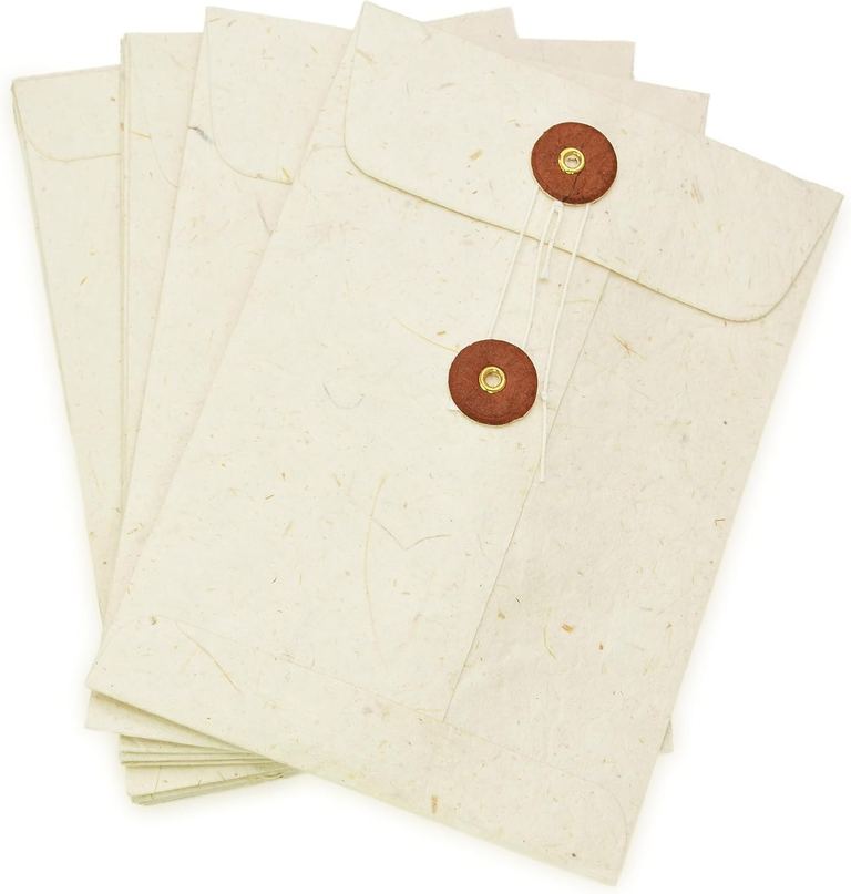 Three natural lokta pocket envelopes with terra cotta buttons and string ties