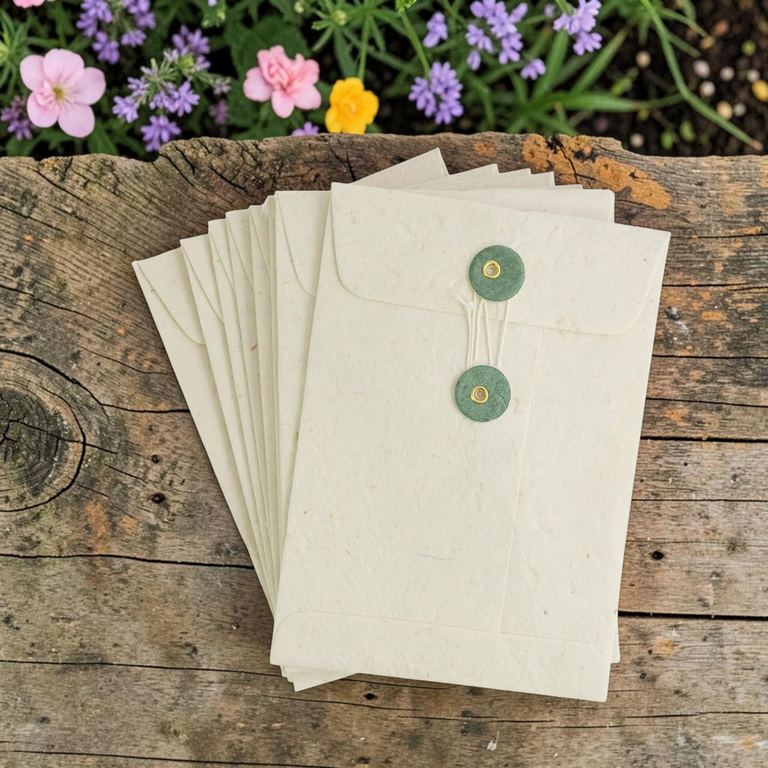 Ten natural lokta pocket envelopes with sage green buttons fanned on an old wooden bench beside garden flowers