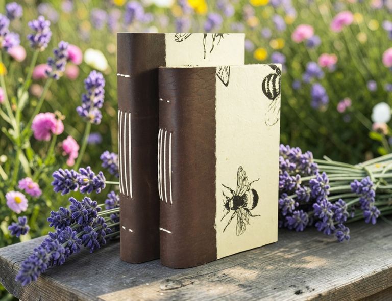 The 5 × 8 and 6 × 9 Busy Bee Nepali Collector journals side by side with lavender