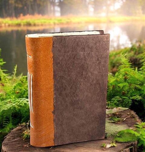The Dark Walnut Nepali Collector journal standing on a tree stump among ferns beside a misty lake