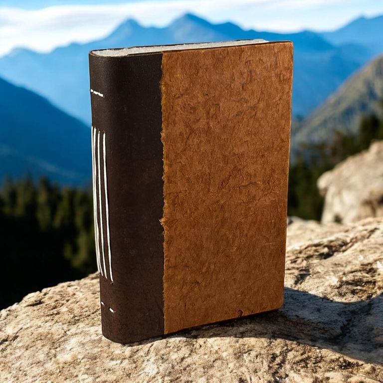 The Terra Cotta Nepali Collector journal standing on a rock with blue mountains behind