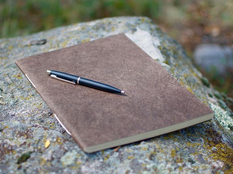The Large Dark Walnut Nepali Companion notebook with a pen on a lichen-covered rock