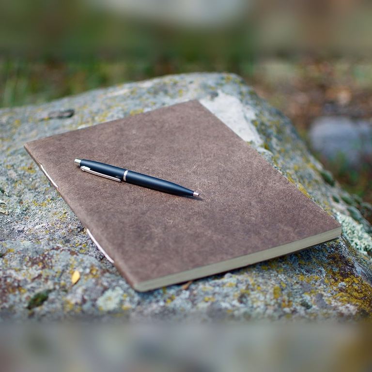The Large Dark Walnut Nepali Companion notebook with a pen on a lichen-covered rock