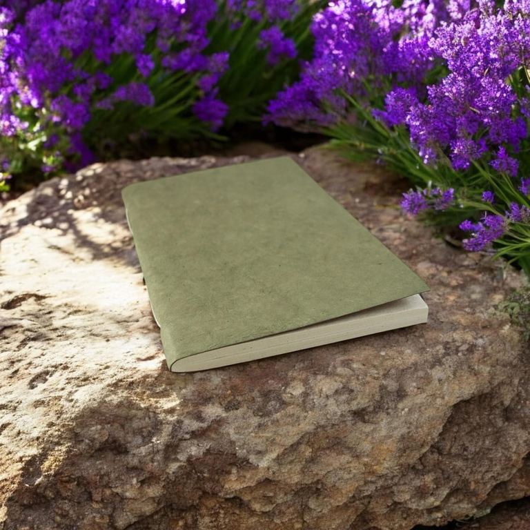 The Sage Nepali Companion notebook on a sunlit rock beside purple flowers