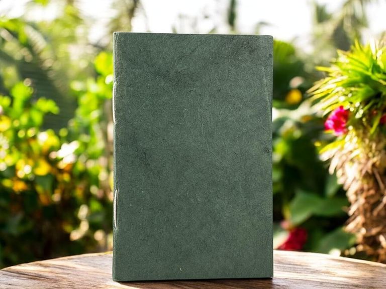 The Medium Sage Nepali Companion notebook standing on a round wooden table in a garden