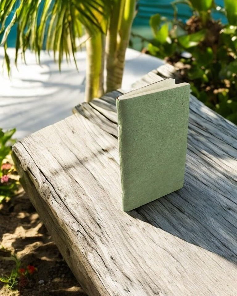 The Pocket Sage Nepali Companion notebook standing on a driftwood bench beside the sea