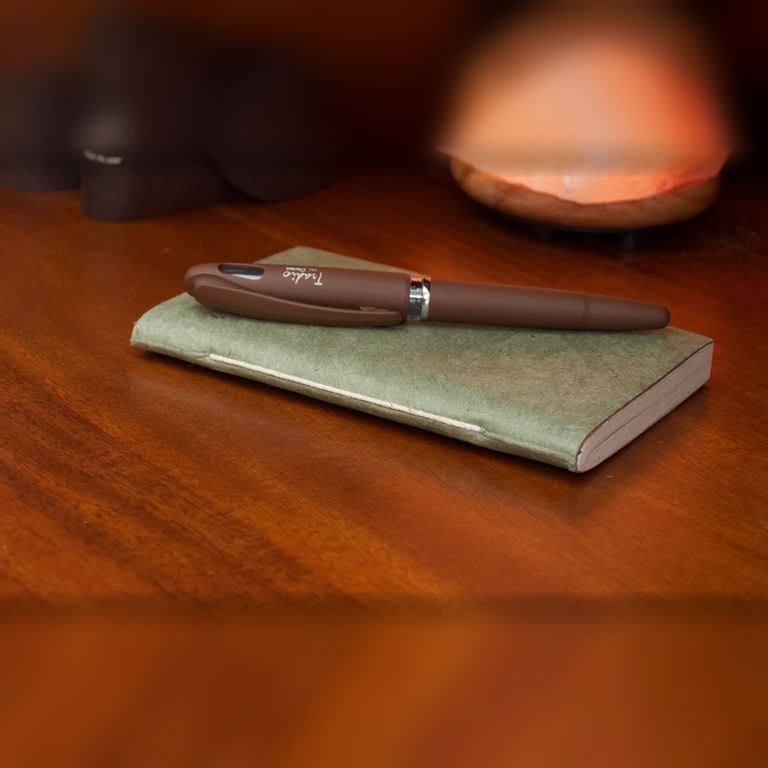 The Pocket Sage Nepali Companion notebook with a pen on a polished wooden desk