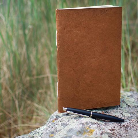 The Terra Cotta Nepali Companion notebook standing on a rock among tall grass, a pen at its foot