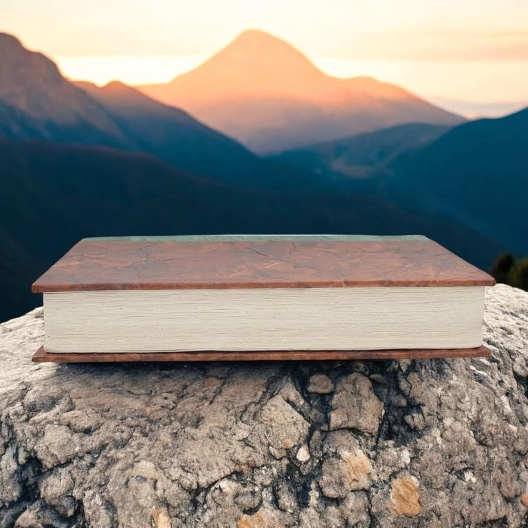 An Epic Nepali Eco journal on a rock at sunset, showing the thick edge of its handmade pages