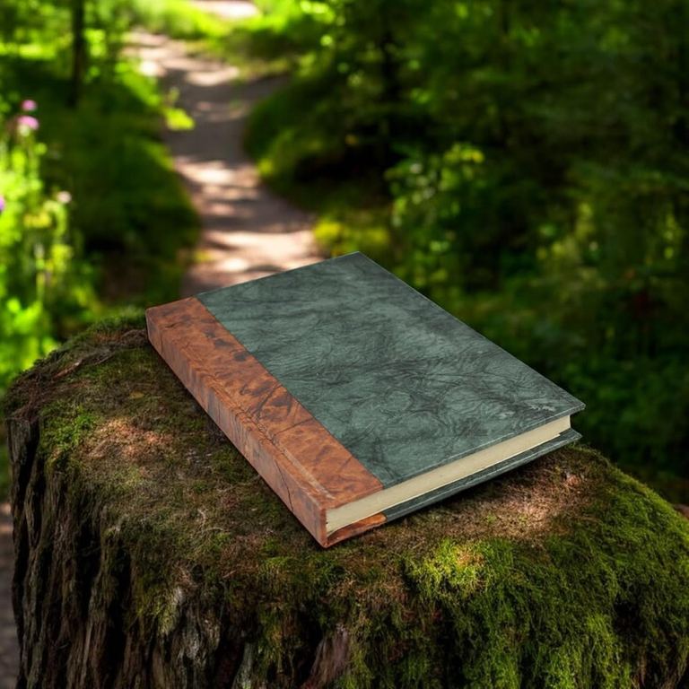 The Forest Green Nepali Eco journal on a mossy tree stump beside a forest trail