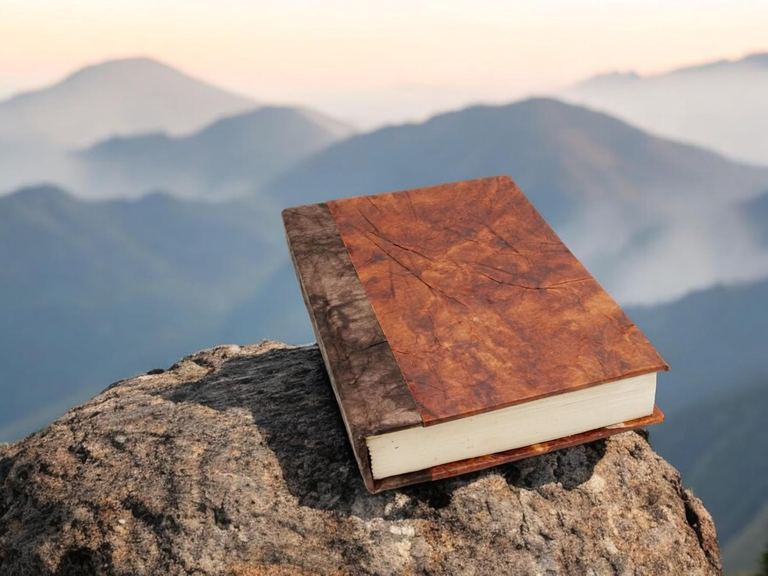 The Rustic Curry Nepali Eco journal on a rock above misty mountain ridges