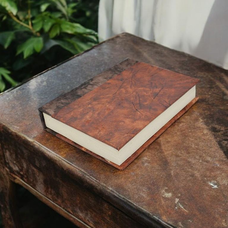 The Rustic Curry Nepali Eco journal on a weathered wooden table beside a leafy plant