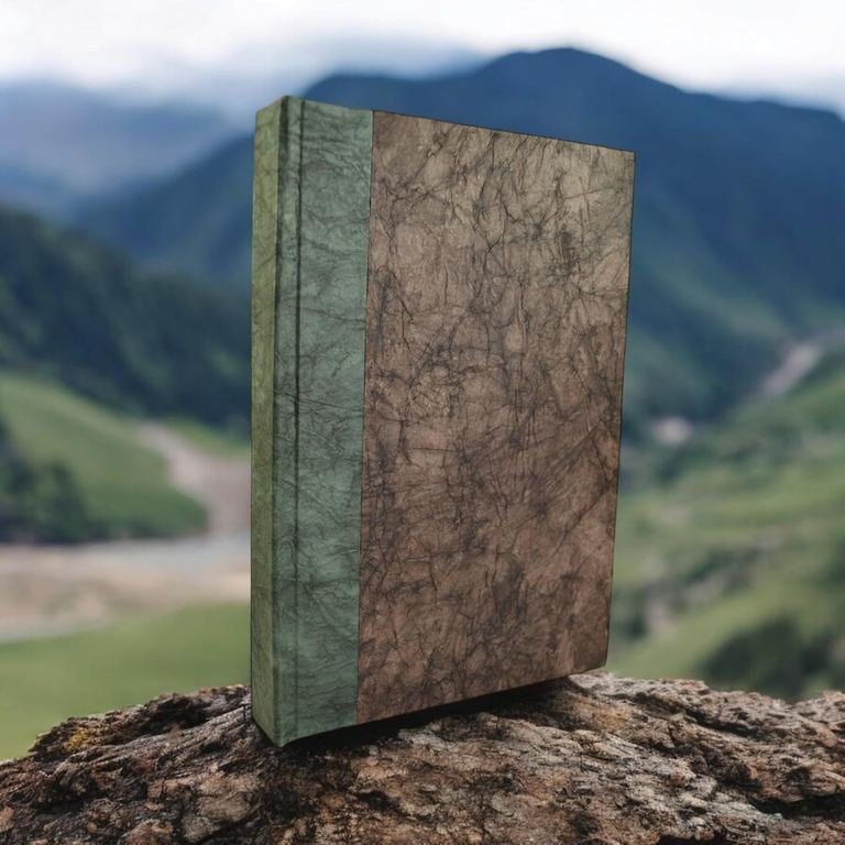 The Walnut Nepali Eco journal standing on a rock above a green mountain valley