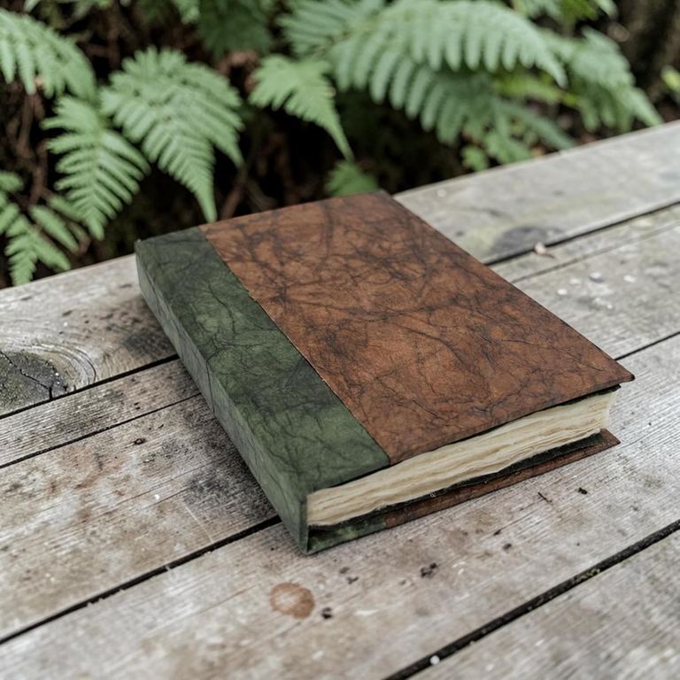 The Dark Walnut Nepali Eco journal on a weathered table beneath ferns