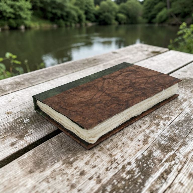 The Dark Walnut Nepali Eco journal on a weathered dock by a river