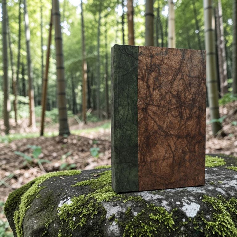 The Dark Walnut Nepali Eco journal standing on a mossy rock in a bamboo forest