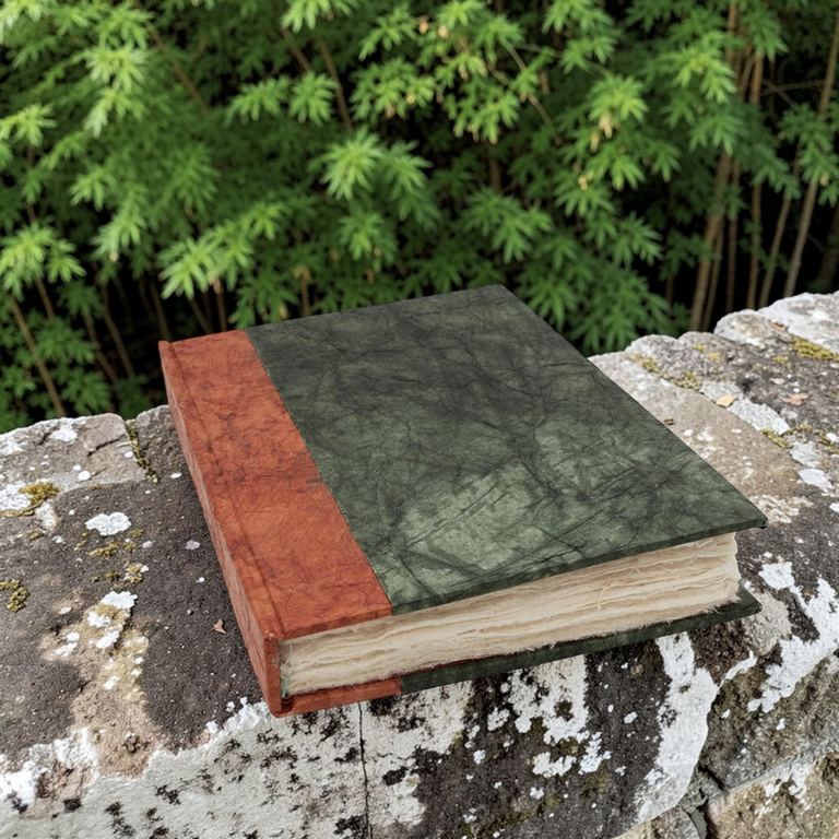 The Forest Green Nepali Eco journal lying on a lichen-covered stone wall in front of bamboo