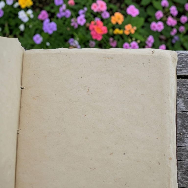A Nepali Eco journal open to its blank deckle-edged lokta pages, garden flowers behind