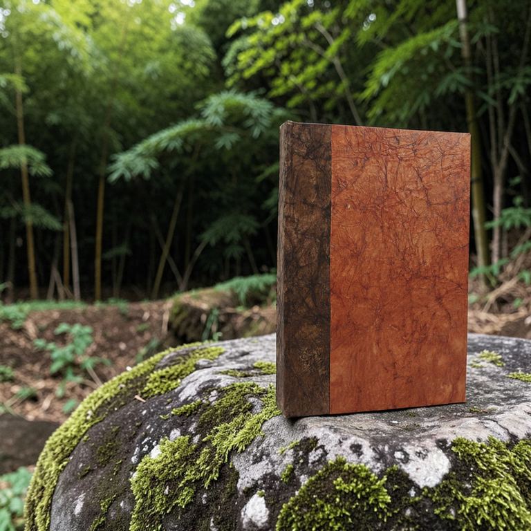 The Terra Cotta Nepali Eco journal standing on a mossy rock in a bamboo forest