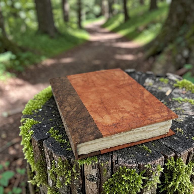 The Terra Cotta Nepali Eco journal on a mossy tree stump beside a forest path