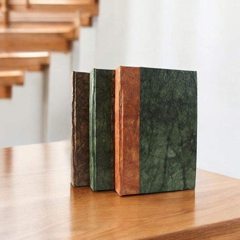 Dark Walnut, Forest Green and Terra Cotta Nepali Eco journals standing together on a wooden desk