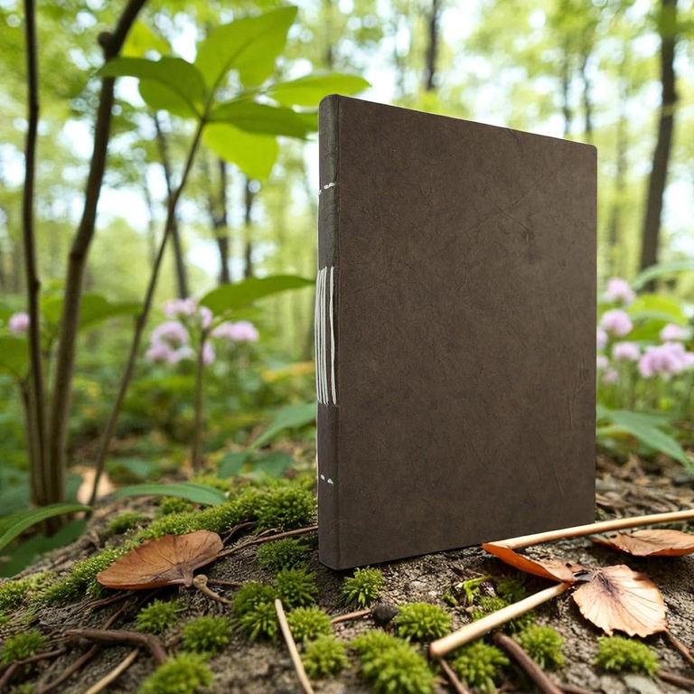 A Dark Walnut Nepali Keeper journal standing on the forest floor among ferns and wildflowers