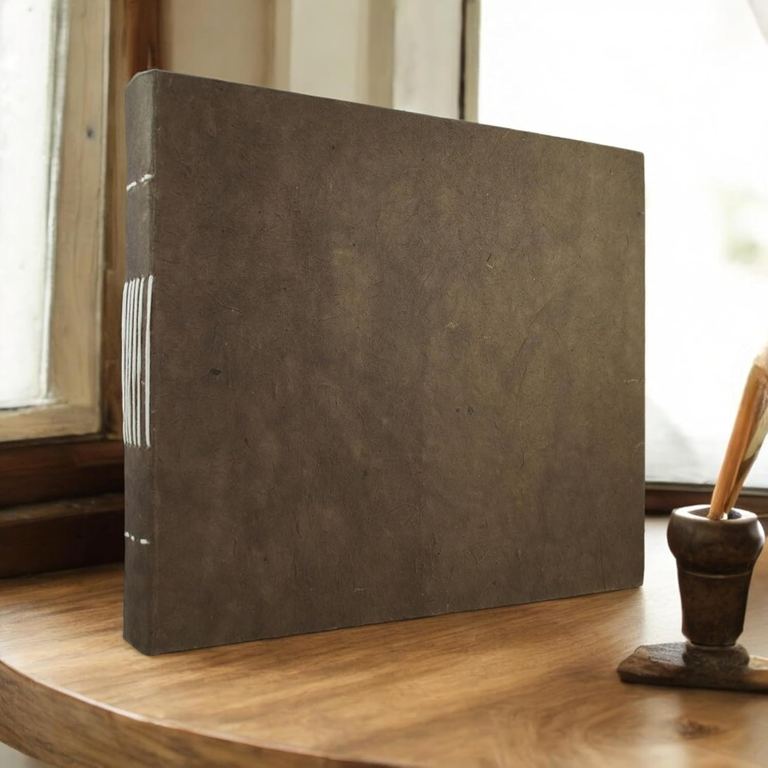 The large Dark Walnut Nepali Keeper on a round wooden table by a window, a pen holder beside it