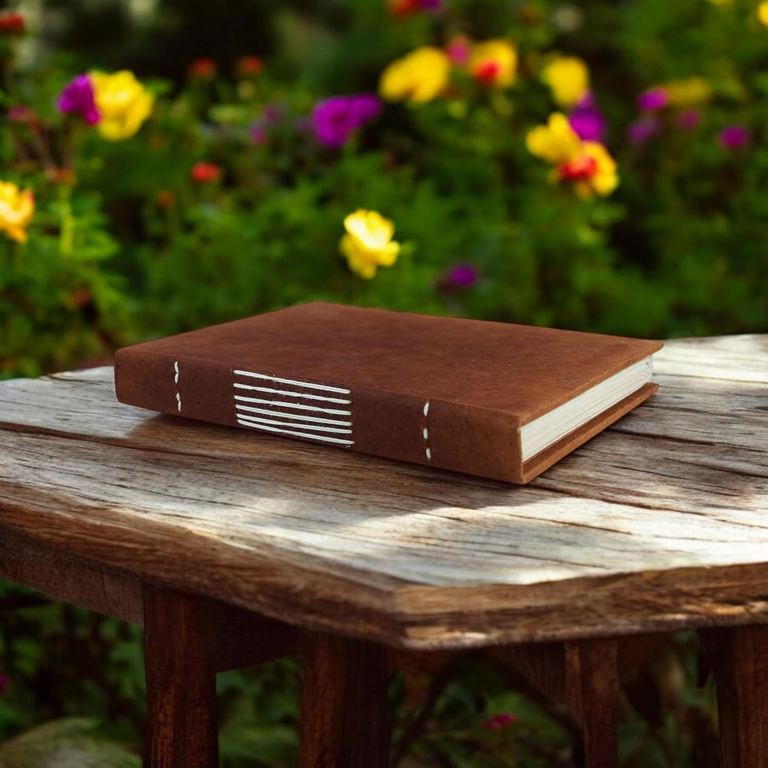A Terra Cotta Nepali Keeper journal lying on a weathered wooden table in a garden