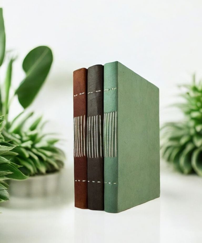 Dark Walnut, Terra Cotta and Sage Nepali Keeper journals standing side by side, their stitched spines showing