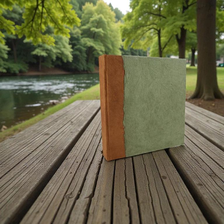 The 6 × 6 Sage Nepali Namaste journal standing on a wooden dock by a river
