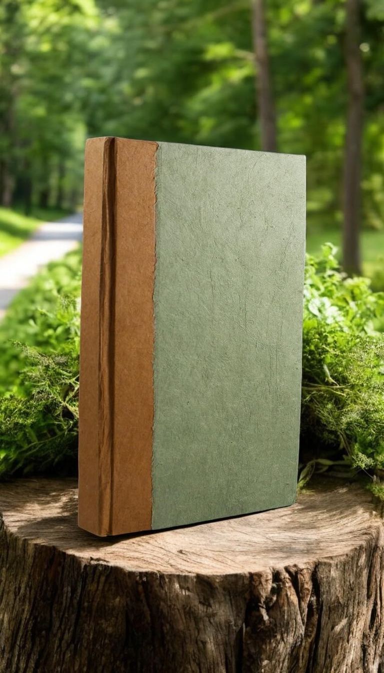 The 6 × 9 Sage Nepali Namaste journal standing on a tree stump beside a forest path