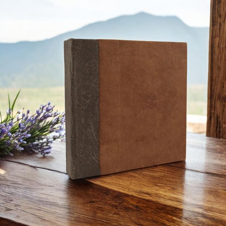The Terra Cotta Nepali Namaste journal on a wooden table beside lavender, mountains beyond the window