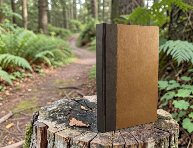 The 6 × 9 Terra Cotta Nepali Namaste journal standing on a tree stump beside a forest path