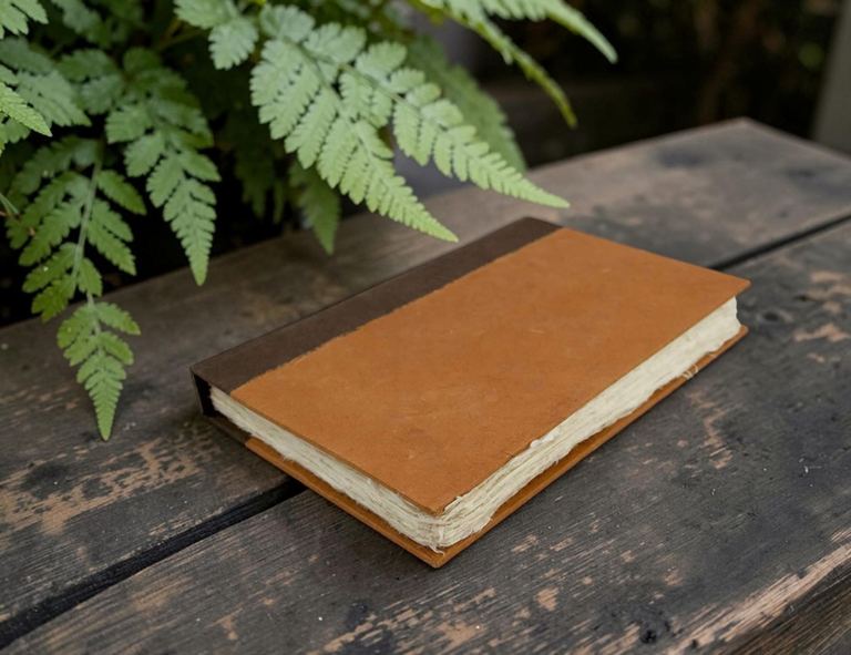 The Terra Cotta Nepali Namaste journal on weathered boards under a green fern