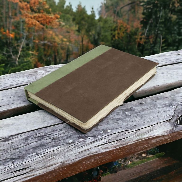 The Dark Walnut Nepali Namaste journal on a weathered bench, autumn trees behind