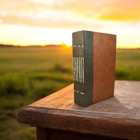 The Terra Cotta Nepali Wayfinder journal standing on a wooden table as the sun sets over a meadow