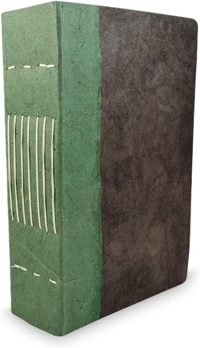 The Walnut Nepali Wayfinder journal standing, its sage spine and white stitching facing out